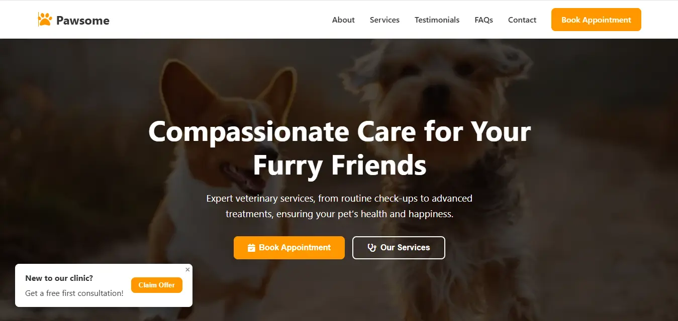 Screenshot of Pawsome pet care website homepage